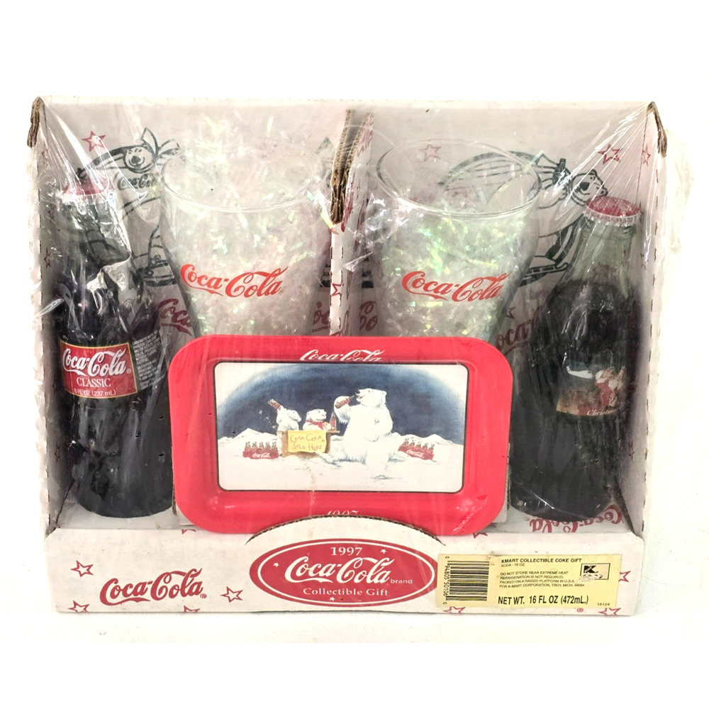 Vintage 1997 Coca Cola Polar Bear Collectable Bottle & Glasses Gift Set